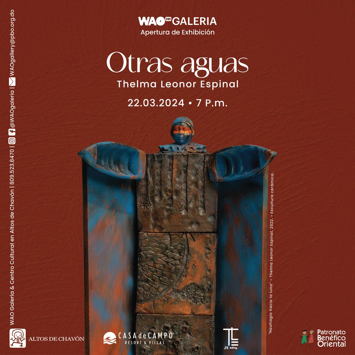 No te pierdas hoy viernes 22  la apertura de la exhibición “Otras Aguas” de Thelma L. Espinal, celebrando sus 25 años de carrera.

“Otras Aguas” resume el viaje artístico de Espinal con 22 piezas curadas por Ysmael Jiménez. 7:00 PM en Wao Galería de Altos de Chavón <a href="/WaoGaleria/">WAO Galeria</a> .