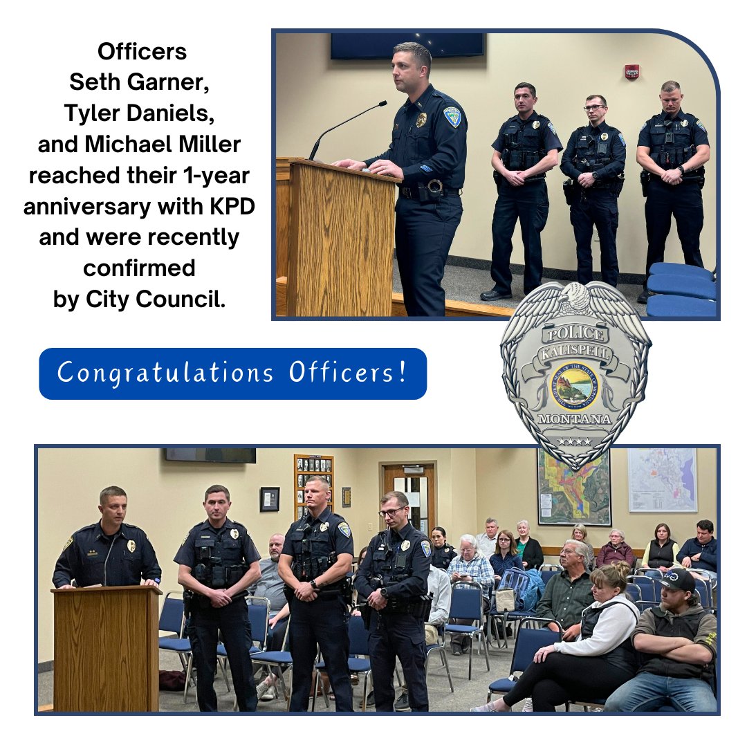 After pinning on badges & offering congratulations, Mayor Johnson reminded Officers that their most important duty each day is to come home safely to their families. Chief Venezio thanked Officers families acknowledging how valuable family support is. #KalispellPolice