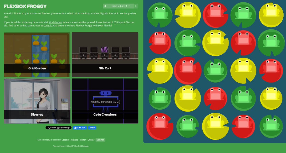 Had fun playing flexbox froggy⚡
<a href="/playcodepip/">Codepip</a> <a href="/bigbinary_acad/">BigBinary Academy</a>