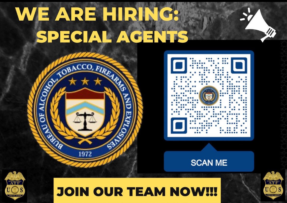 ATF is hiring Recent Graduates for the Special Agent GS 5•7•9 positions! Closes 4/1/24 or when 1,000 applications are received. Ready for one of the most challenging and unique careers in law enforcement? Join our team! Apply @USAJOBS usajobs.gov/job/782961100 #WeAreATF #ATFJobs