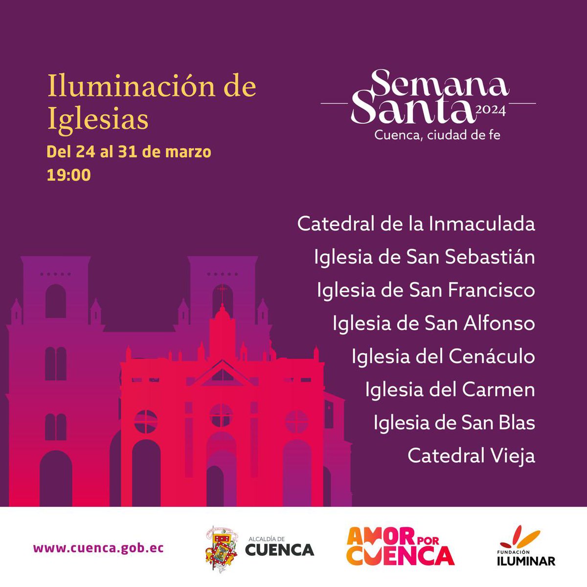 ¡No puedes perder desde este domingo 24 al 31 de marzo la iluminación de las iglesias en honor a la celebración de Semana Santa! 
Te esperamos con los brazos abiertos para que disfrutes de este espectáculo único
 #AmorPorCuenca.