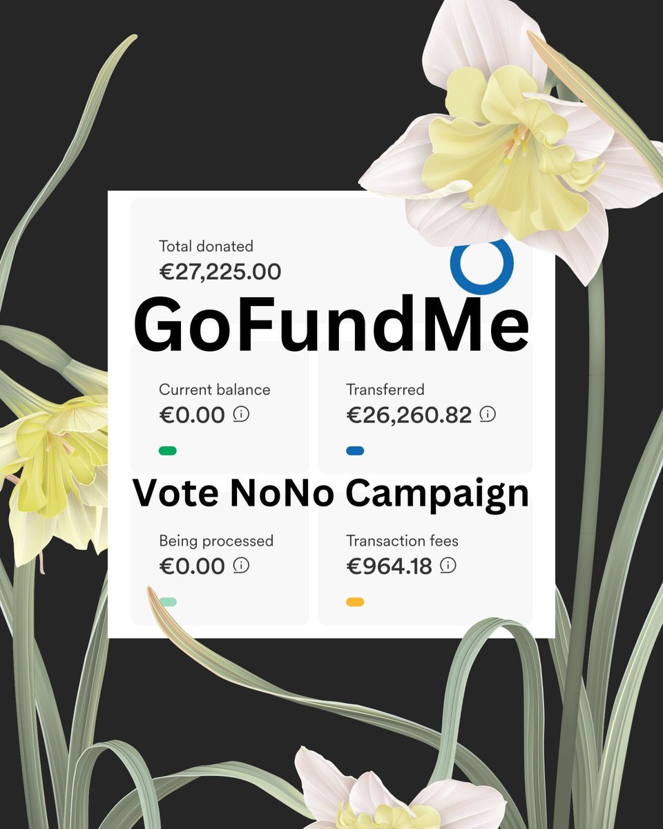 In the interest of full transparency. Monies relating to the GoFundMe Account for our #VoteNoNo Campaign.      
Income €27,225.          
Expenditure €26,292.88.                  Breakdown                                      Posters €12,841.20.