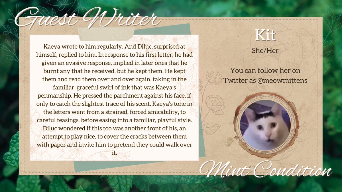 🌿🦉 #Diluc 🦚🌿

While our garden starts to grow, we wanted to appreciate some thyme-less classics. <a href="/meowwmittens/">KittensMittens is working on wips</a> has our reading list climbing like ivy.

🌿🦉 #Kaeya 🦚🌿
