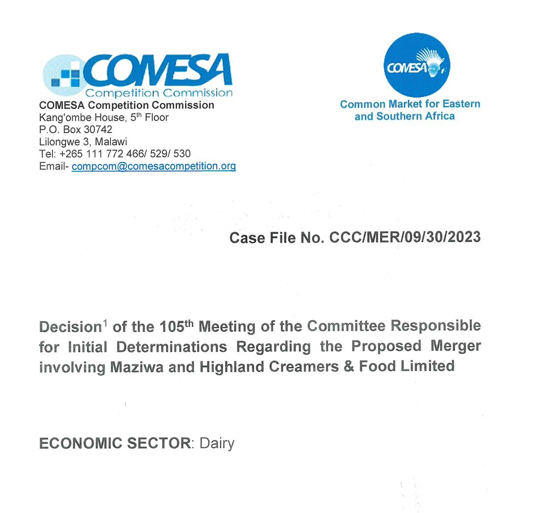 CCCC_COMESA's tweet photo. CCC has published a #MergerDecision on Notice of Inquiry into the Merger Involving Maziwa and Highland Creamers & Food Limited. See; https://t.co/Yj8HJ9gJde
#CCC #COMESA #mergers https://t.co/vpWBUZBtGd