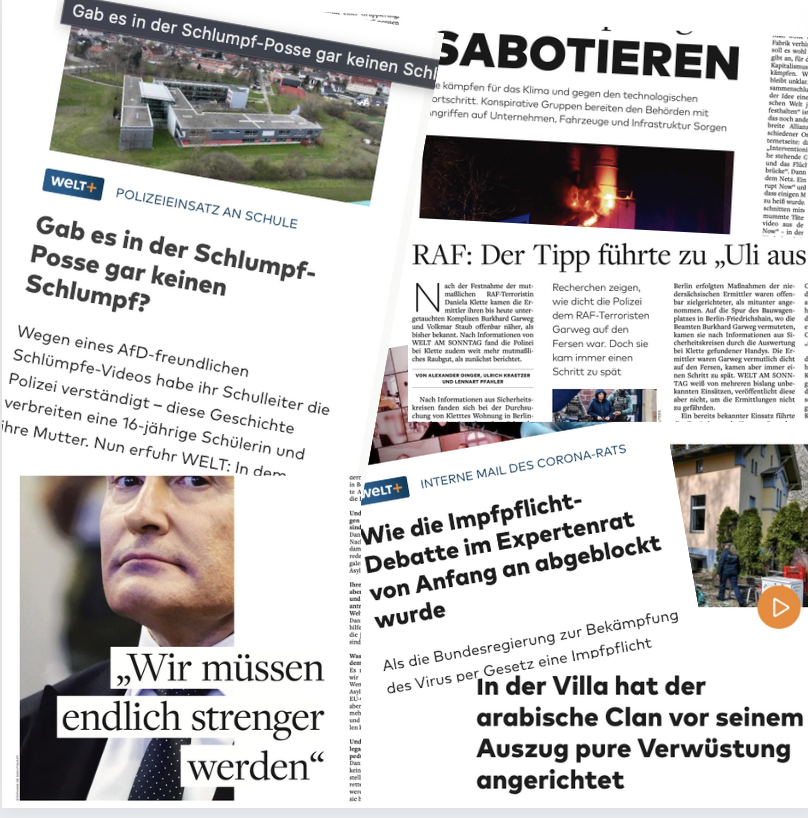 Liebe Freunde von @Welt,

das war eine abwechslungsreiche Woche in unserem Ressort. Ein bisschen Clan, ganz viel Schlumpf, eine #RAF-Terroristin, #Corona, kriminelle Öko-Aktivisten und der ehemals oberste Grenzschützer der #EU – das sind einige der Themen, mit denen wir uns