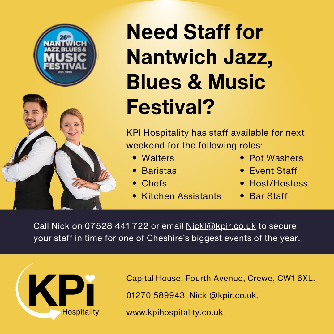 Need staff for @nantwichjazz? We have people available for roles including bar staff, waiters, chefs & kitchen assistants. Call Nick on 07528 441722 or email NickI@kpir.co.uk to secure your staff for one of Cheshire's busiest weekends.