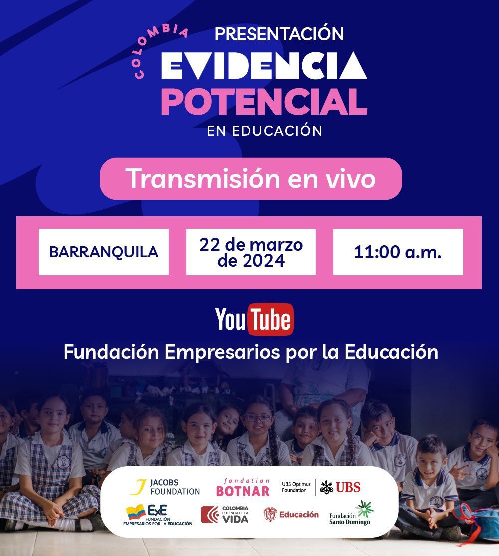 #AEstaHora participamos con la  <a href="/Fundacion_ExE/">FundaciónExE</a> y <a href="/Foundation_JF/">Jacobs Foundation</a> en el lanzamiento del programa ‘Colombia, Evidencia Potencial en Educación’.

Sigue la transmisión ⤵️ youtube.com/watch?v=OPgTwQ…