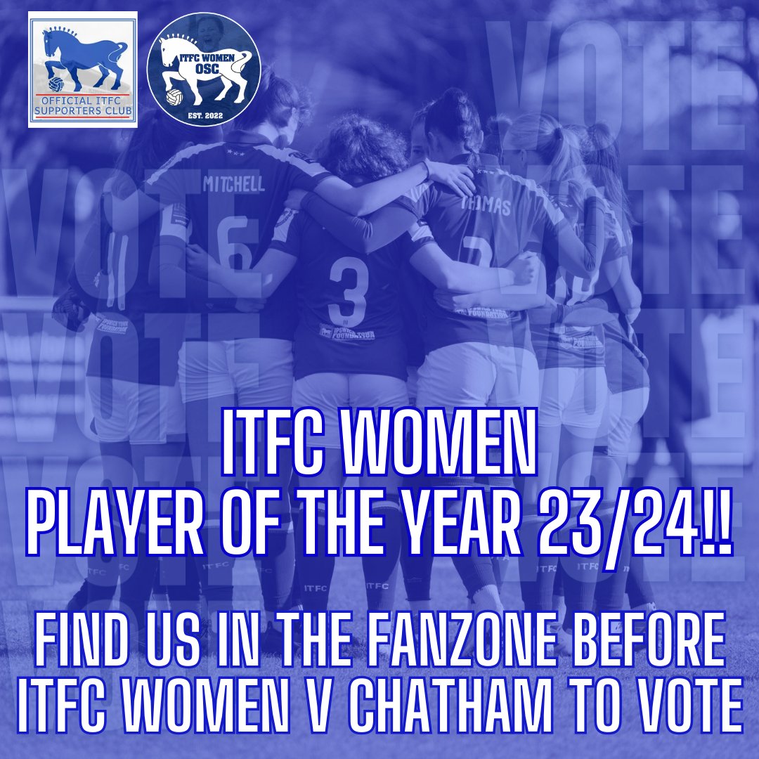 🗳️ #ITFC Women - Player of the Year 23/24 We'll be in the Fanzone tomorrow to answer any questions you have about supporting @ITFCWomen home or away! We'll also be partnering with @ITSCofficial to collect your votes for fan's Player of the Year - so keep a look out for us! 📋