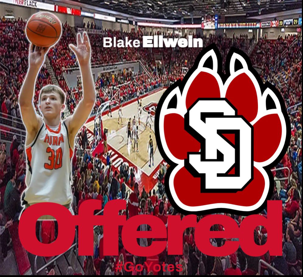 Ellwein_blake's tweet photo. After a great talk with @ckasp12 and @_CoachPete I am excited and blessed to announce that I received an offer to the University of South Dakota. I would like to thank my parents, coaches, and everyone helped me make this possible. @warwickworkouts @TylerMaschino  @HoopCitySD17U https://t.co/6M0sXgRBIe