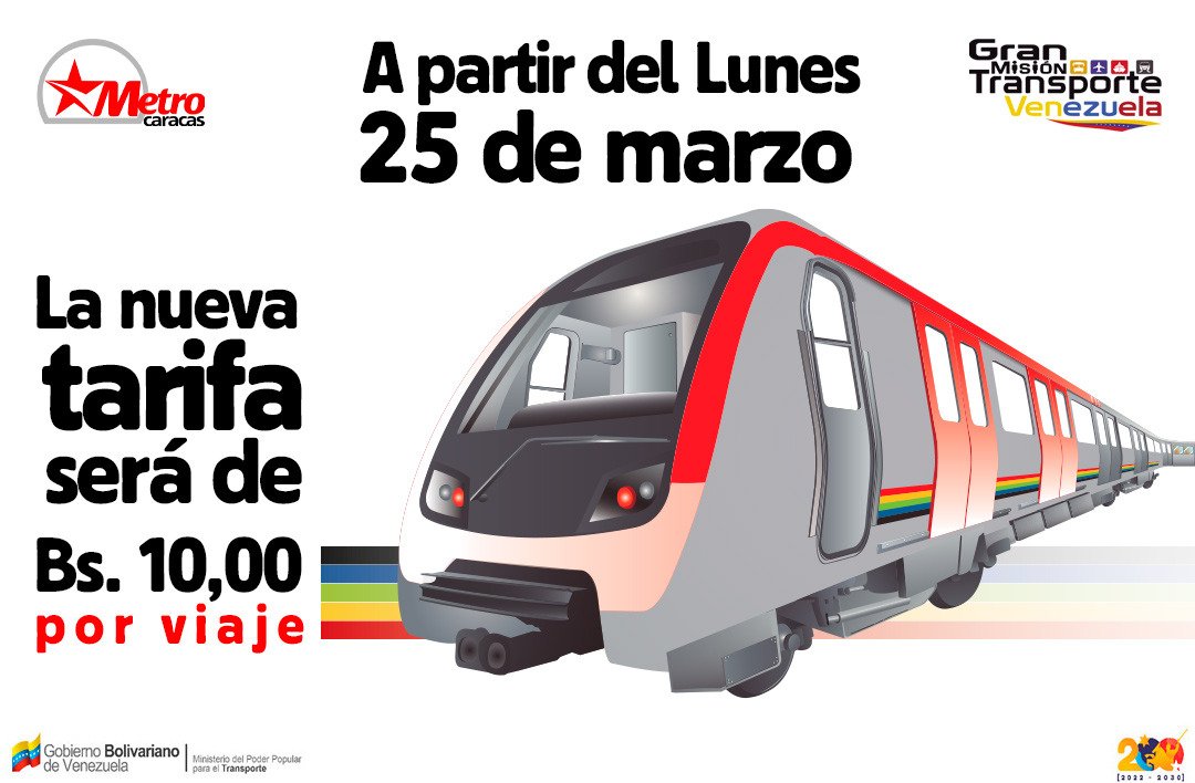 metro_caracas's tweet photo. Metro de Caracas ajusta tarifa de viaje a 10 bolívares 

(MPPT. Prensa CAMETRO 22- 03-2024).- A partir del próximo lunes 25 de marzo el Metro de Caracas, ajustará la tarifa para el servicio de transporte en el sistema subterráneo, MetroBús, BusCaracas y Sistemas por Cable, a 10 bolívares por viaje.
 
La medida fue autorizada por el Ejecutivo Nacional, a través del Ministerio del Poder Popular para el Transporte, destacando que, gracias a las políticas del Gobierno Bolivariano que encabeza el presidente Nicolás Maduro, se avanzará hacia la autosustentabilidad de este sistema.
 
Es importante resaltar que para hacer uso de estos medios de transporte es necesario poseer una tarjeta inteligente válida con viajes incluidos, que podrá ser adquirida y recargada en las casetas del operador. Asimismo los padres y representantes de los niños mayores de 4 años deben validar el viaje del pequeño.
 
Por otra parte, es importante recordar que la adquisición de tarjetas será cancelado únicamente de manera digital, a través de puntos de venta, por lo que no se recibirá efectivo ni divisas.

@rvaraguayan 
#ConstruyendoPatria