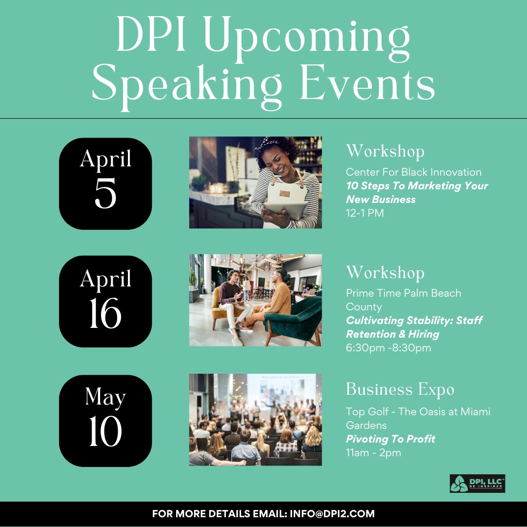 doubleportionin's tweet photo. DPI is represented in many upcoming speaking events.
Join us at one of these events.
They promise to be interactive and provide relevant insights.
For registration information, DM us for more details.

#businessconsultant
#speakersforhire https://t.co/yQ6HK3JLmV