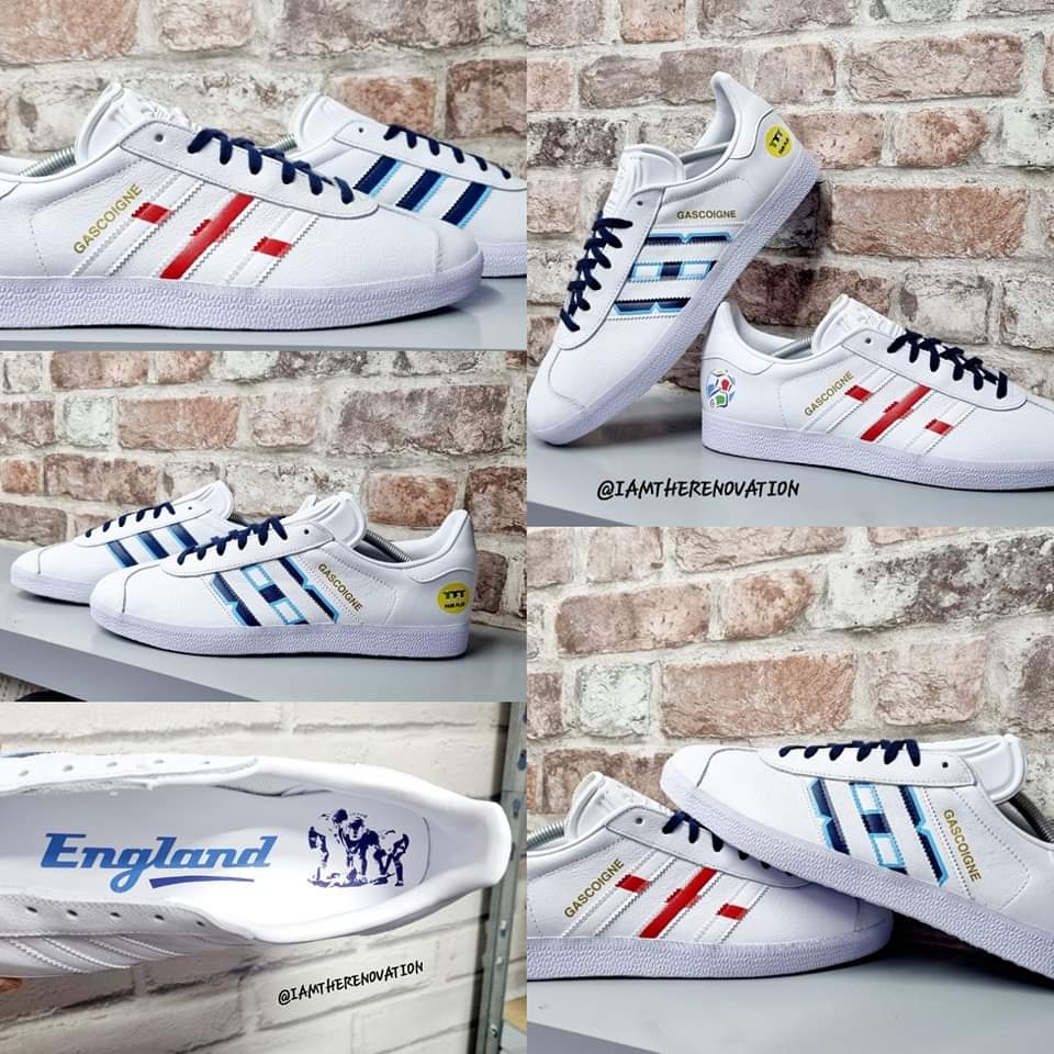 No 'playful updates' around here.... Gazza Euro 96 custom Gazelle Hand painted stripes custom insoles... Take me back! ⚽ Direct message for all custom enquiries and requests #iamtherenovation #euro96 #EURO2024 #englandkit #englandfootball #england #customtrainers #gazza