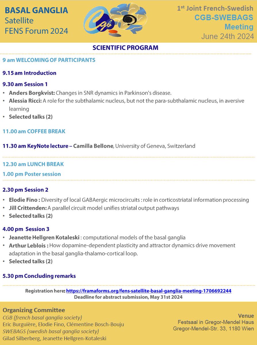 If you are a Basal Ganglia aficionado and coming to FENS, don't forget to register to our Satellite meeting we organized together with <a href="/SWEBAGS_1/">SWEBAGS</a>!  There will be 6 selected talks, don't miss the opportunity to present your exciting work to the community: 
framaforms.org/fens-satellite…