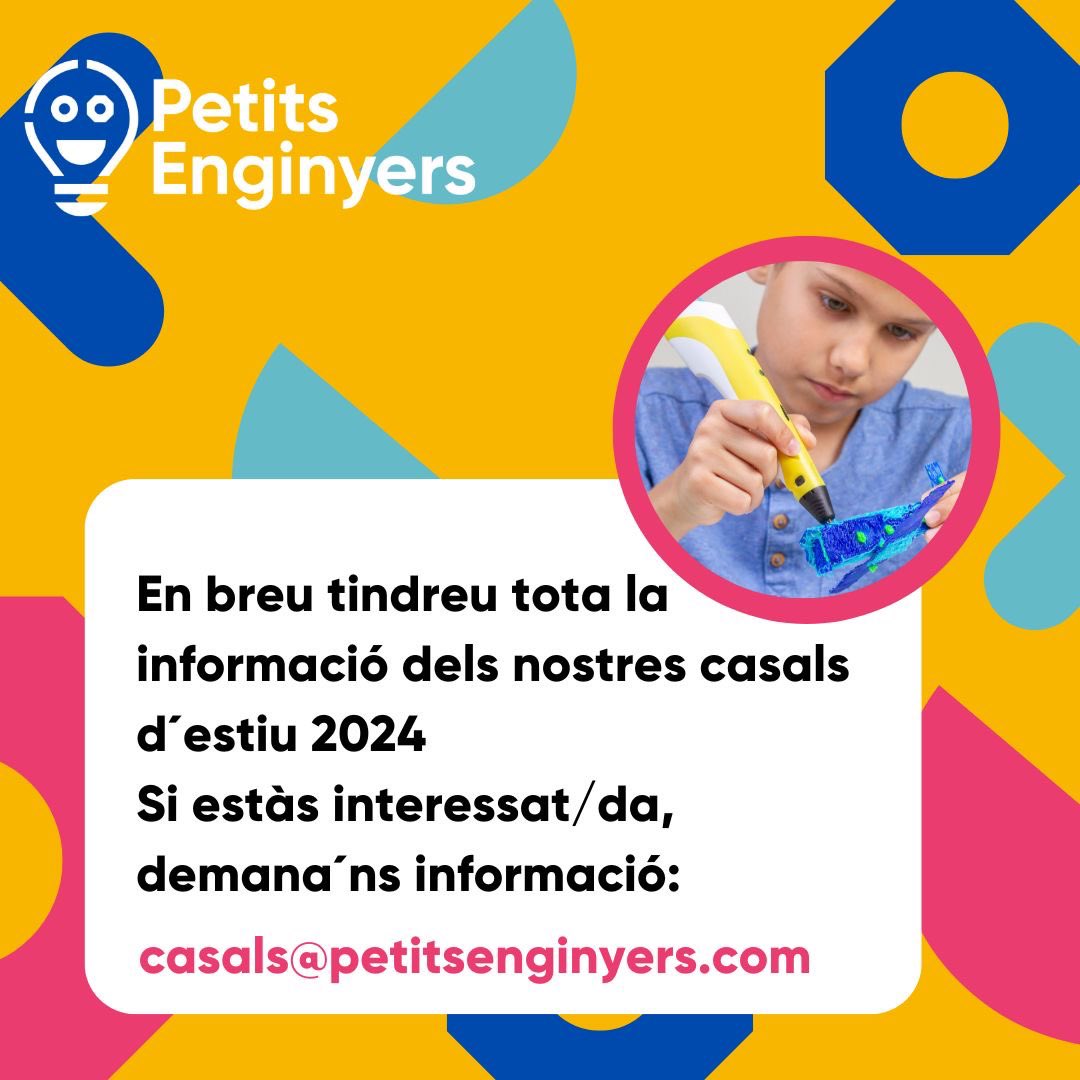 petitsenginyers's tweet photo. 📢Et recordem que en breu podràs fer les inscripcions dels Casals d´estiu 2024 de Petits Enginyers a la nostra web: Reus, Tarragona, Cambrils, Salou,... Si ja estàs mirant opcions envia´ns un correu i t´informarem!

📧casals@petitsenginyers.com 
📱977781536 https://t.co/rRNLGbaU8G