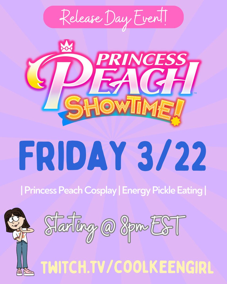 CoolKeenGirl's tweet photo. TONIGHT! We are FINALLY here!

Starting @ 8PM EST - Princess Peach: Showtime!

- Princess Peach costume!👑
- Pickle eating - for energy🥒
- Special bit alerts and fun!🤩 
- Also more updates!🎉

I will see you there! 
https://t.co/pPxEFPF7Ya https://t.co/qRqr6BYaIB