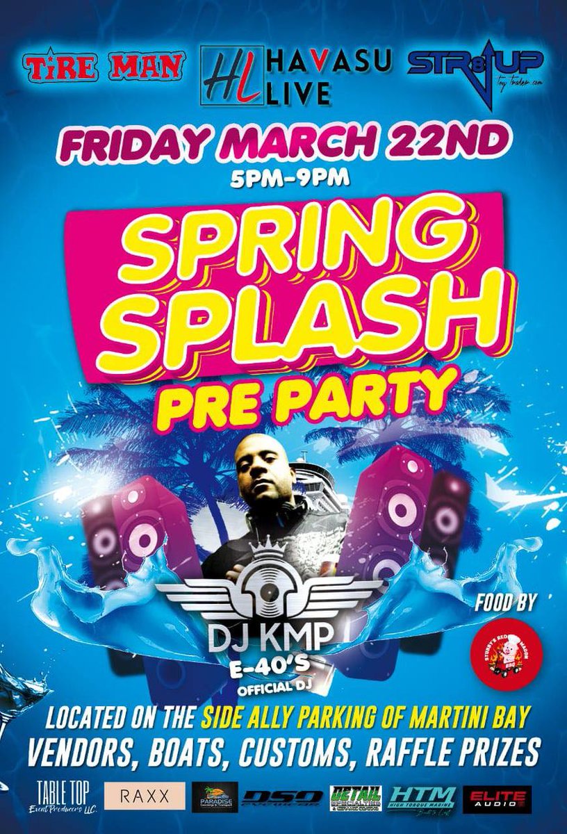 havaspringbreak's tweet photo. Spring Splash Pre-Party this weekend! Fri, March 22 @ Martini Bay side parking lot and pool. 5PM-9PM. Music by DJ Kmp. https://t.co/9m66BYzjJB
