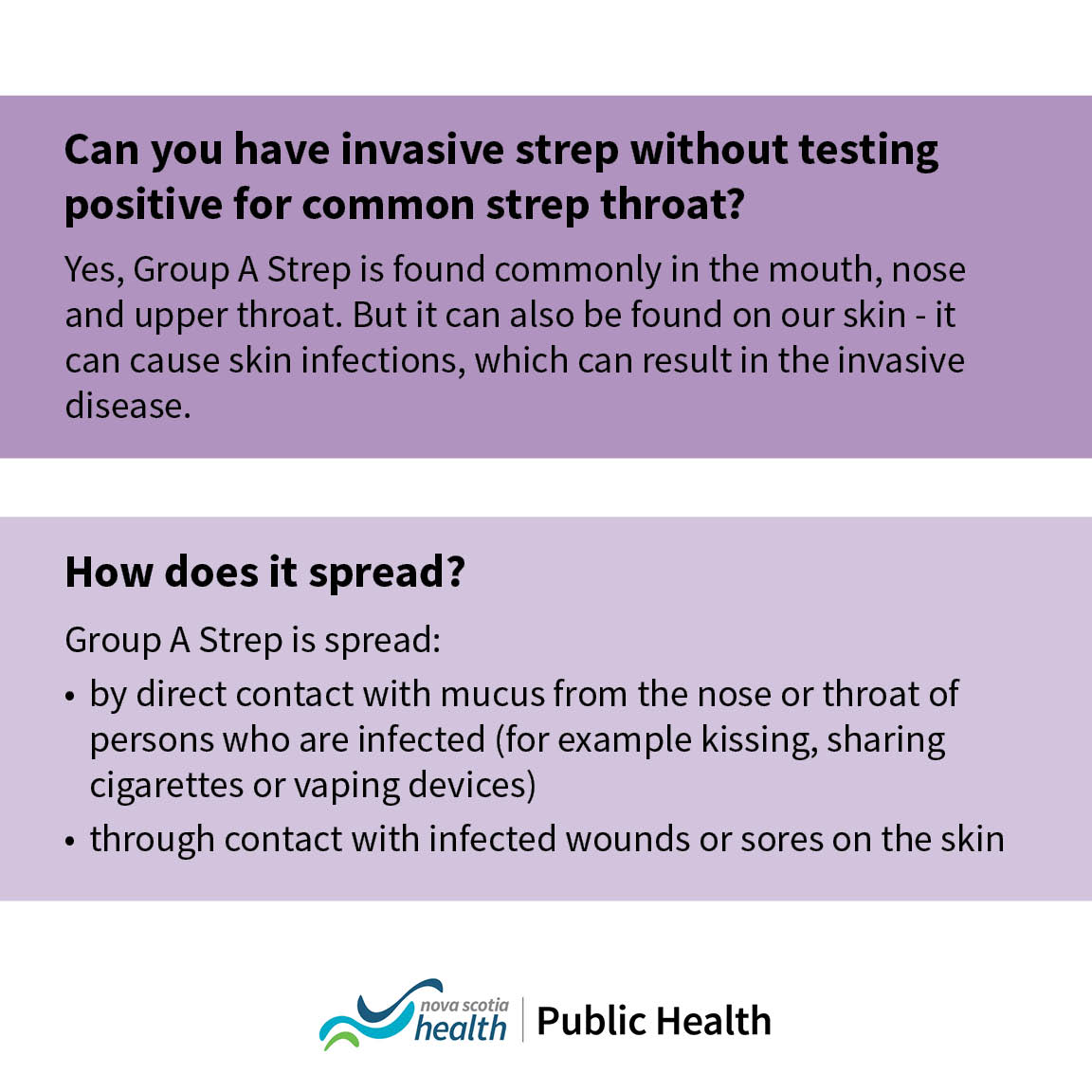 HealthNS's tweet image. Nova Scotia is experiencing an increase in invasive group A streptococcal (iGAS) infections. While the risk to the general populations is low, it’s important to know the difference between strep throat and the rare, more serious Invasive Group A Streptococcal infections. (1/3)