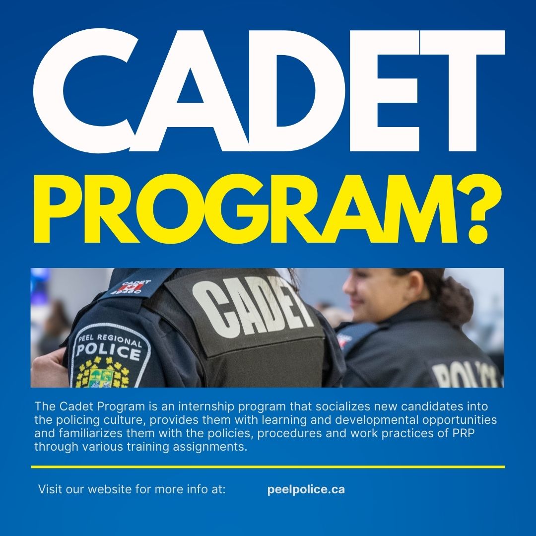 PRPRecruiting's tweet photo. What is a Cadet?
The Cadet Program prepares younger candidates for roles as Recruit Constables. Cadets gain experience and insight into policing culture and procedures while assisting different bureaus!

Apply to be a Cadet now! Link in our bio

#PeelRegionalPolice #CadetProgram https://t.co/TMbBPb5J32