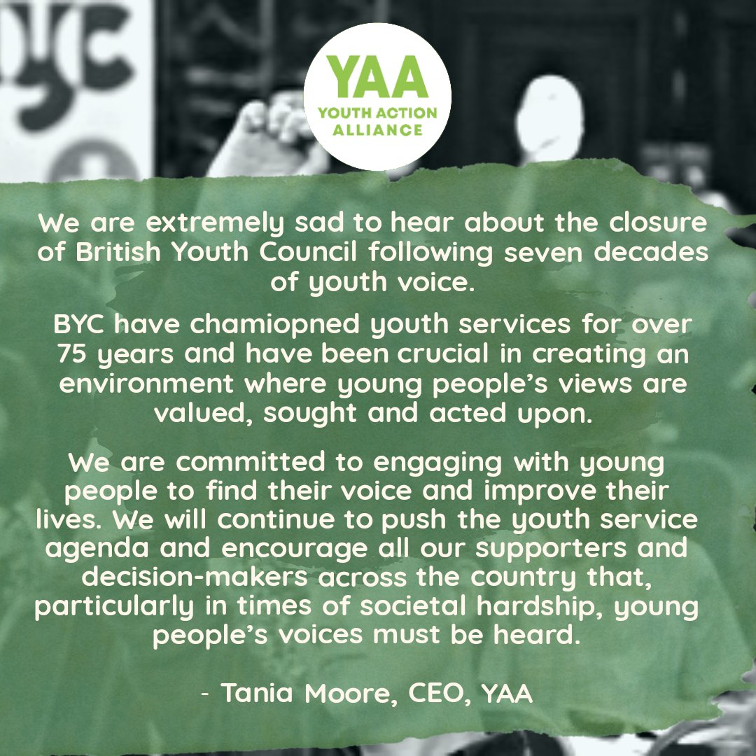 We are extremely sad to hear about the closure of <a href="/bycLIVE/">British Youth Council</a> following seven decades of youth voice

We are thankful for the amazing contribution from #BYC to the youth services across the country &amp; will continue to work hard to ensure young people in our communities are supported