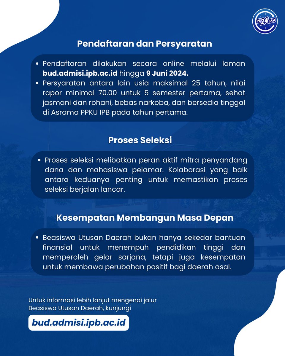 IPB24JAM's tweet photo. Yuk! Masuk IPB University dengan Beasiswa BUDπ€©
Semangat buat Calon #IPBNesian yang sedang berjuang melalui jalur ini π«Άπ»π
info lebih lanjut di https://t.co/YgxakJAQLA
#IPBUniversity #BeasiswaUtusanDaerah #InfoIPB #IPB24Jam #masukIPB https://t.co/Cjfa1kJtq2