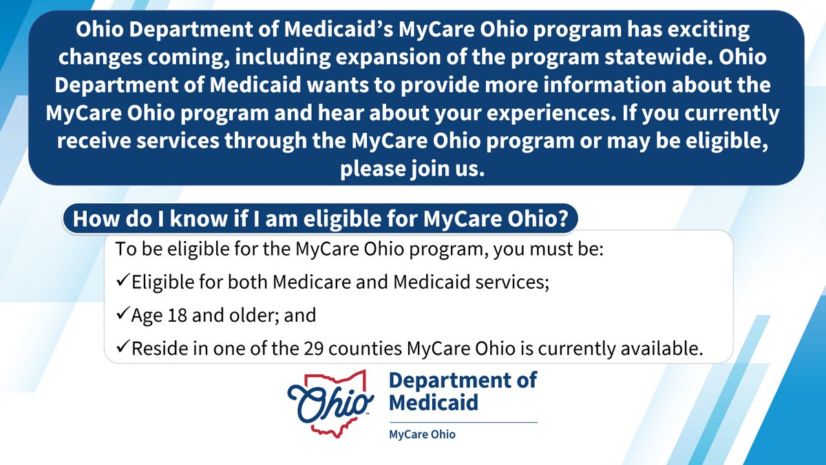 Ohio Department of Medicaid is conducting a series of in-person meetings across the state with Ohioans who are dually eligible & their caregivers to hear the experiences of Ohioans enrolled in both Medicare and Medicaid navigating the healthcare system & providers who serve them.