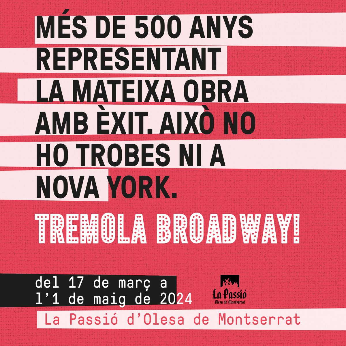 🌿 Cinc segles d'èxit. Què me'n dius? No tens curiositat per descobrir-ho en persona tu també? La Passió d'Olesa t'espera aquesta Setmana Santa i fins l'1 de maig. Tremola, Broadway. 🎟️ broadway.lapassio.cat #lapassiodOlesa #setmanasanta #turismebaixllobregat #cultura