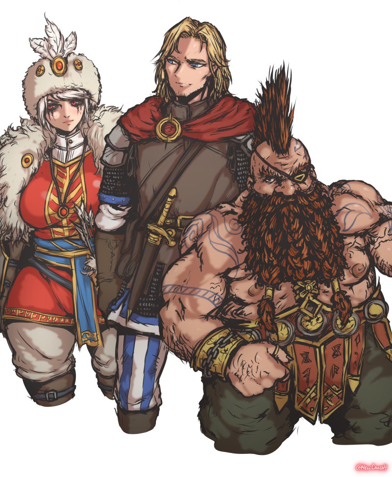 xathrodox86's tweet photo. The magnificent trio - Ulrika Magdova, Felix Jaeger and Gotrek Gurnisson. Drawn by the very talented HellCross.🖼️🤟

The Slayer saga is what properly got me into Warhammer, especially #WFRP. I will alwys be a huge fan of Gotrek and Felix's deadly adventures.🪓💪
#WarhammerArt https://t.co/aEGBIUGqST
