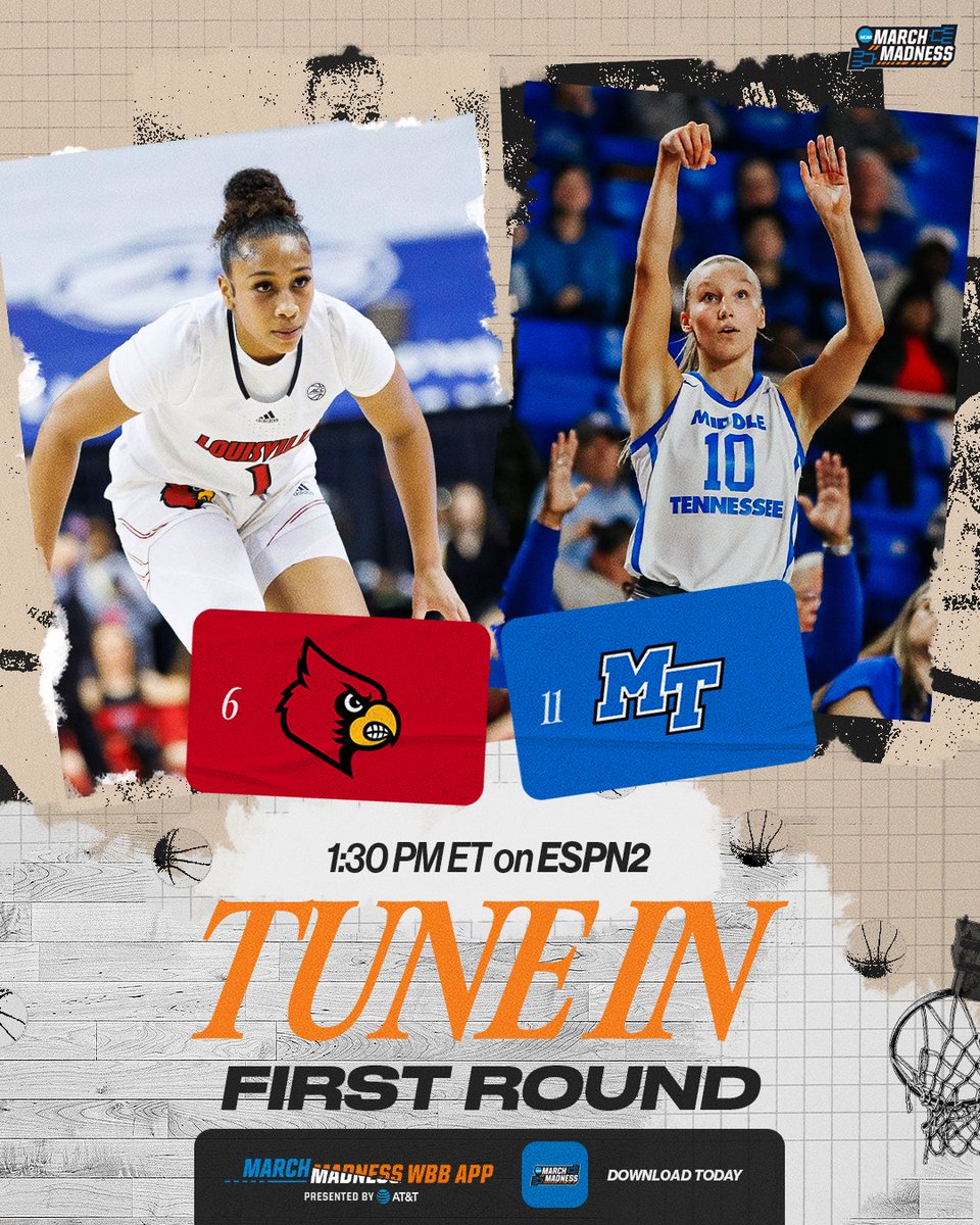 🏀 TUNE IN 🏀 (11) @MT_WBB 🆚 (6) @LouisvilleWBB ⏰1:30 PM ET 📺 ESPN2 #MarchMadness