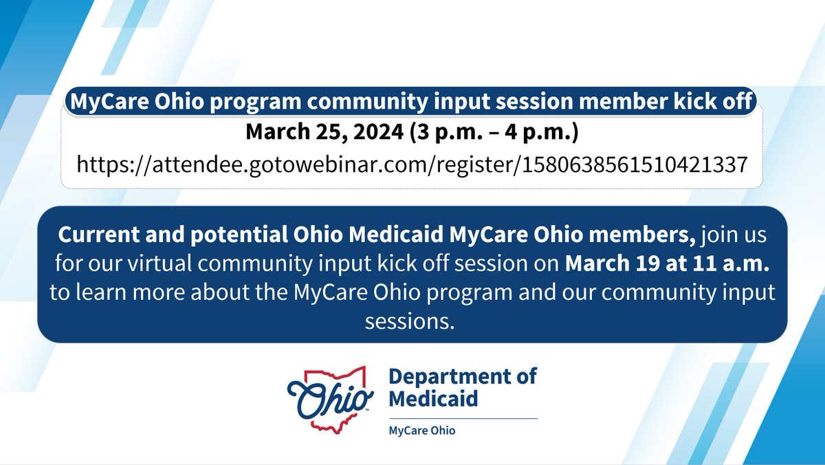 Current and potential Ohio Medicaid MyCare Ohio members, join us for our virtual community input kick off session on March 25 at 3 p.m. to learn more about the MyCare Ohio program and our in-person sessions. attendee.gotowebinar.com/register/15806…