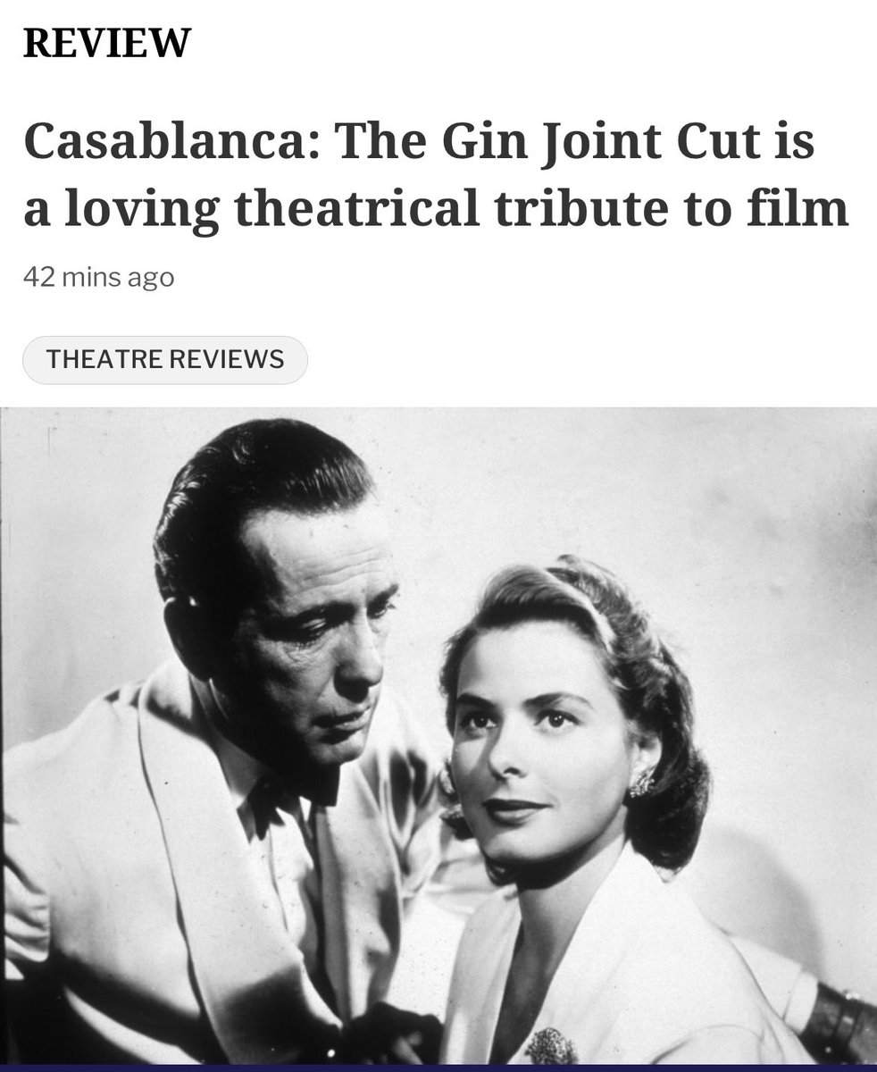 My ⁦<a href="/heraldmagazine/">Herald Mag & Arts</a> <a href="/heraldscotland/">The Herald</a> review of Casablanca: The Gin Joint Cut, Morag Fullerton’s three-actor homage to the classic wartime romance.

heraldscotland.com/life_style/art…

Running at ⁦<a href="/perthTCH/">Perth Theatre and Concert Hall</a>⁩ Theatre until March 30. - perththeatreandconcerthall.com/whats-on/casab…