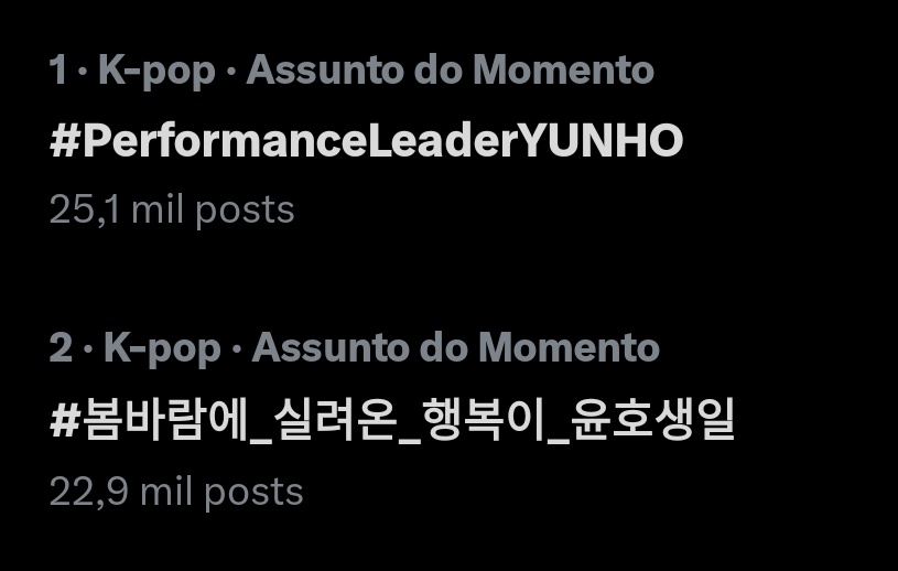 Yunho birthday hashtags trend in #1 and #2 in Brazil trend #PerformanceLeaderYUNHO #봄바람에_실려온_행복이_윤호생일 #OurHappinessYunhoDay #우리의행복은_윤호의_탄생으로부터