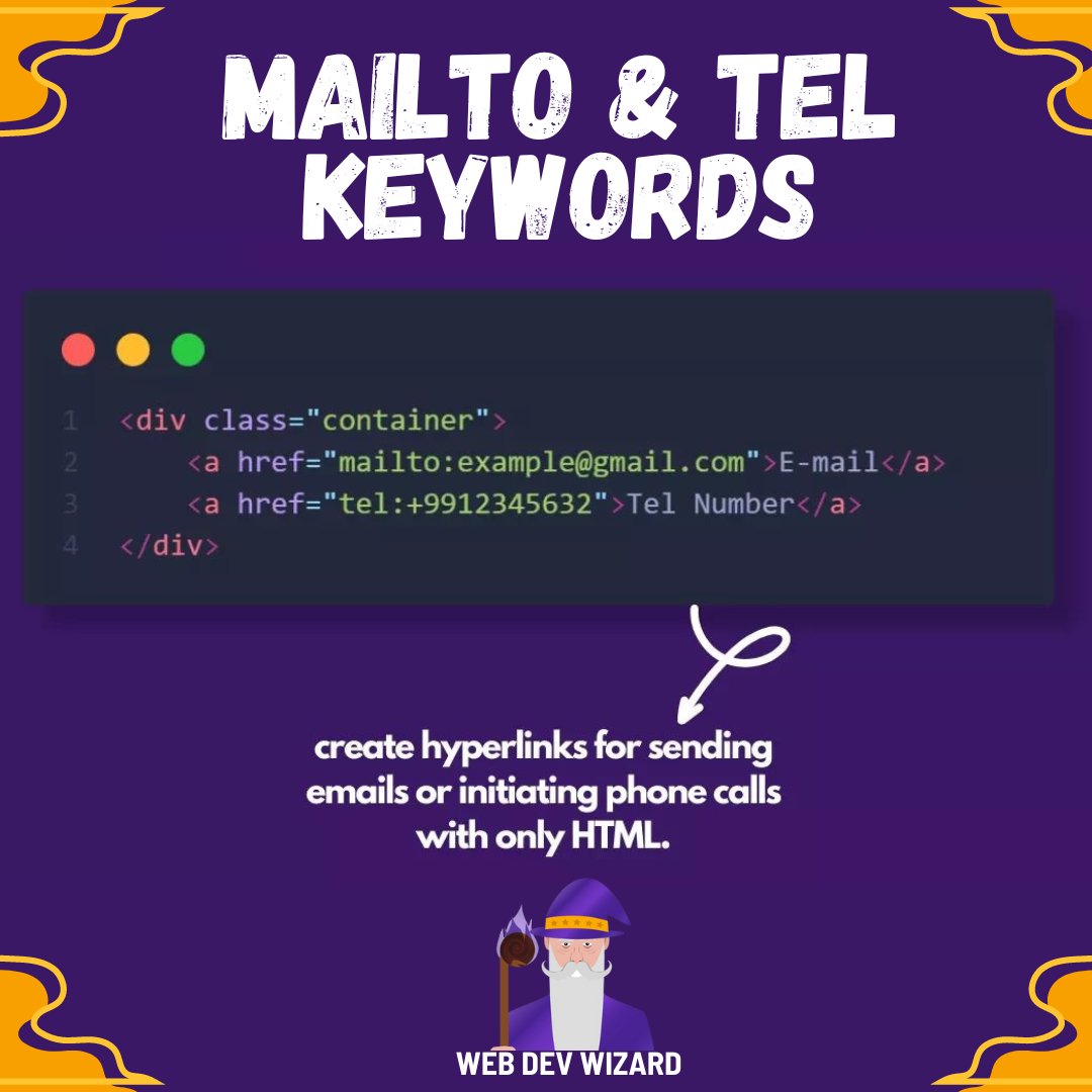 WebDevWizard0's tweet image. HTML Quick Tip💡
Create hyperlinks for sending emails or initiating phone calls with only HMTL 🚀