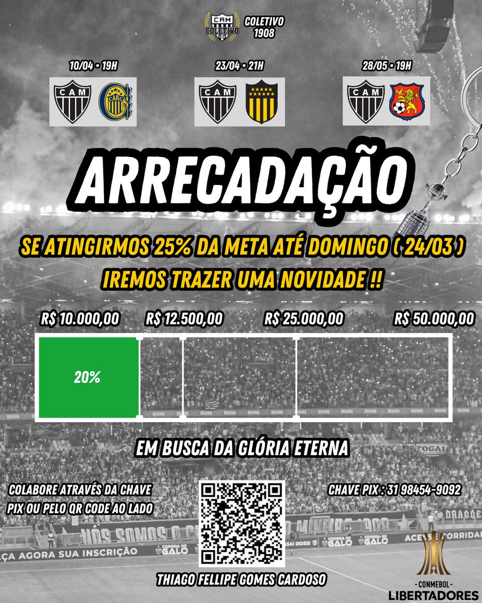 ✅ Batemos 20% da meta!

🚨 Se até domingo chegarmos aos 25% da meta, teremos uma novidade que vocês vão gostar bastante…

🐔 Lembrando que todo dinheiro arrecadado será usado em prol das festas na Arena durante a fase de grupos da Libertadores!🏴🏳️