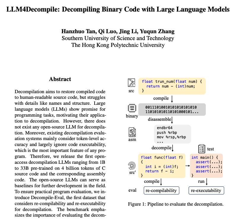 // Decompiling Binary Code with LLMs // Proposes LLM2Decompile, a family of open-access decompilation LLMs ranging from 1B to 33B parameters. These models are trained on 4 billion tokens of C source code and corresponding assembly code. The authors also introduce…