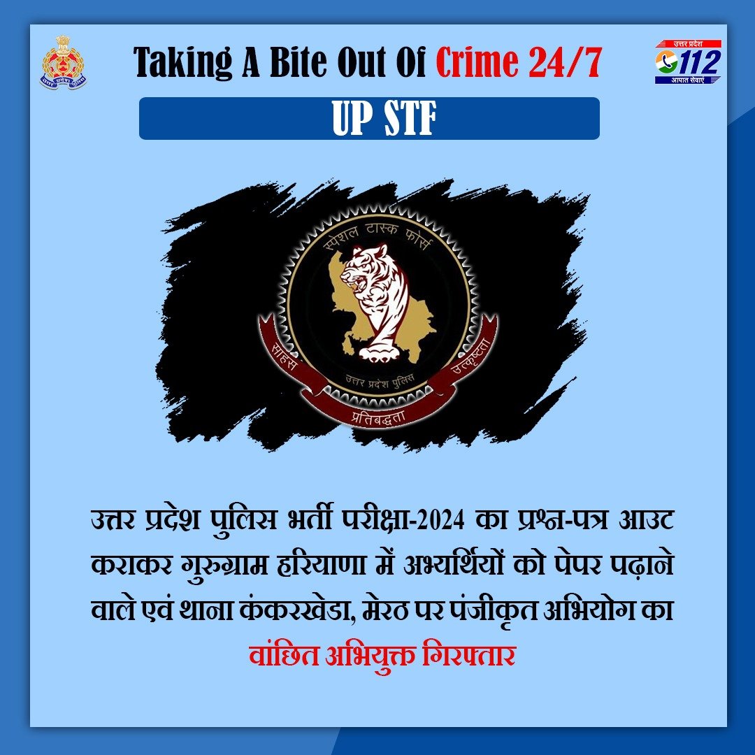 उत्तर प्रदेश पुलिस भर्ती परीक्षा-2024 का प्रश्न-पत्र आउट कराकर गुरुग्राम हरियाणा में अभ्यर्थियों को पेपर पढ़ाने वाले एवं  मेरठ में पंजीकृत अभियोग के वांछित अभियुक्त को @uppstf द्वारा गिरफ्तार किया गया है।    

#WellDoneSTF 
#GoodWorkUPP