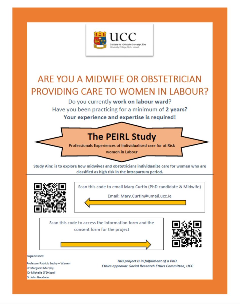 Dr Mary Curtin (@marytcurtin) on Twitter photo ⭐ Midwives
⭐ Consultant Obstetricians
⭐ NCHDs in obstetrics
Please consider taking part in this national study exploring how care is individualized for women classified as high risk in the intrapartum period.
Email mary.curtin@umail.ucc.ie for more info or QR codes below 👇🏼 ⭐ Midwives
⭐ Consultant Obstetricians
⭐ NCHDs in obstetrics
Please consider taking part in this national study exploring how care is individualized for women classified as high risk in the intrapartum period.
Email mary.curtin@umail.ucc.ie for more info or QR codes below 👇🏼