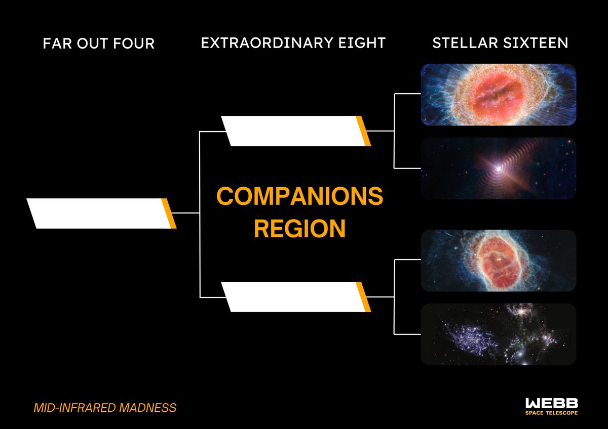 NASAWebb's tweet photo. Welcome to Mid-Infrared Madness. This March, we’re all about the mid-infrared wavelengths. Vote for your favorite image from Webb’s Mid-Infrared Instrument (MIRI) over the next week! ⬇️ https://t.co/h7FA4VaVFs