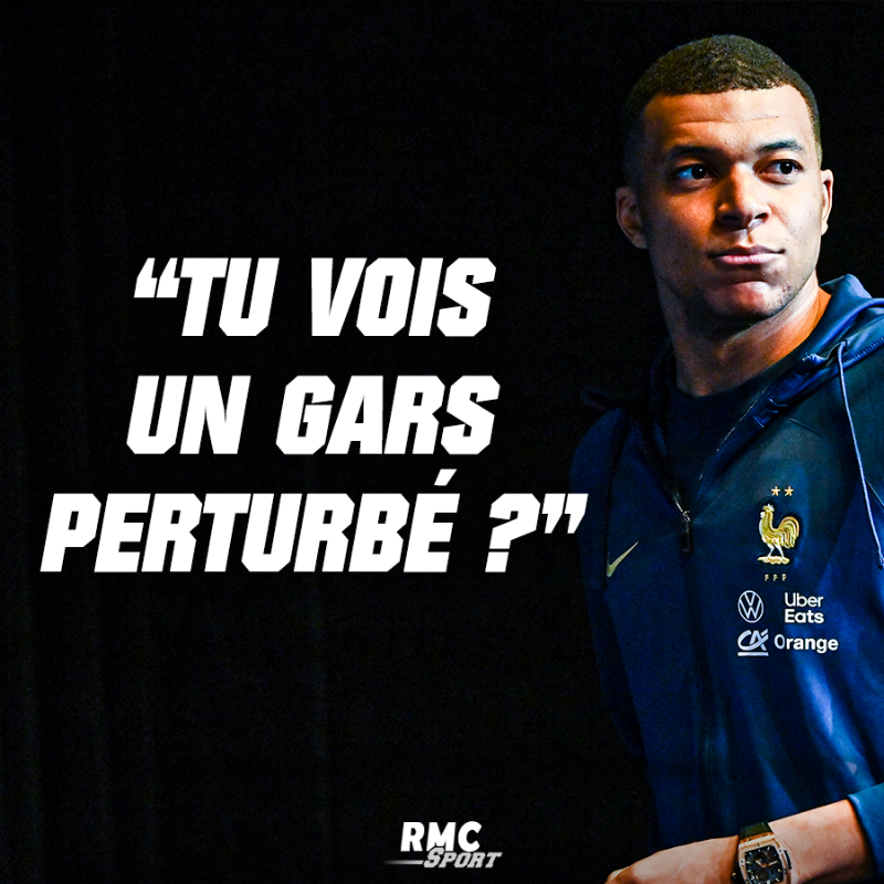 RMCsport's tweet photo. ⚡️ La réponse cinglante de Mbappé à un journaliste sur les rumeurs:

"Tout ce qui se passe autour ? Moi j'ai une question, quand tu vois mes dernières performances, tu vois un gars perturbé ?"