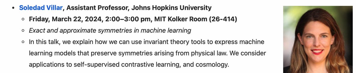 IAIFI (@iaifi_news) on Twitter photo Join us for today's IAIFI Colloquium at 2:00 pm ET (Friday, March 22) with <a href="/SoledadVillar5/">Soledad Villar</a> (<a href="/JohnsHopkins/">Johns Hopkins University</a>) discussing "Exact and approximate symmetries in machine learning." Watch on YouTube: youtube.com/channel/UCueoF… Join us for today's IAIFI Colloquium at 2:00 pm ET (Friday, March 22) with <a href="/SoledadVillar5/">Soledad Villar</a> (<a href="/JohnsHopkins/">Johns Hopkins University</a>) discussing "Exact and approximate symmetries in machine learning." Watch on YouTube: youtube.com/channel/UCueoF…