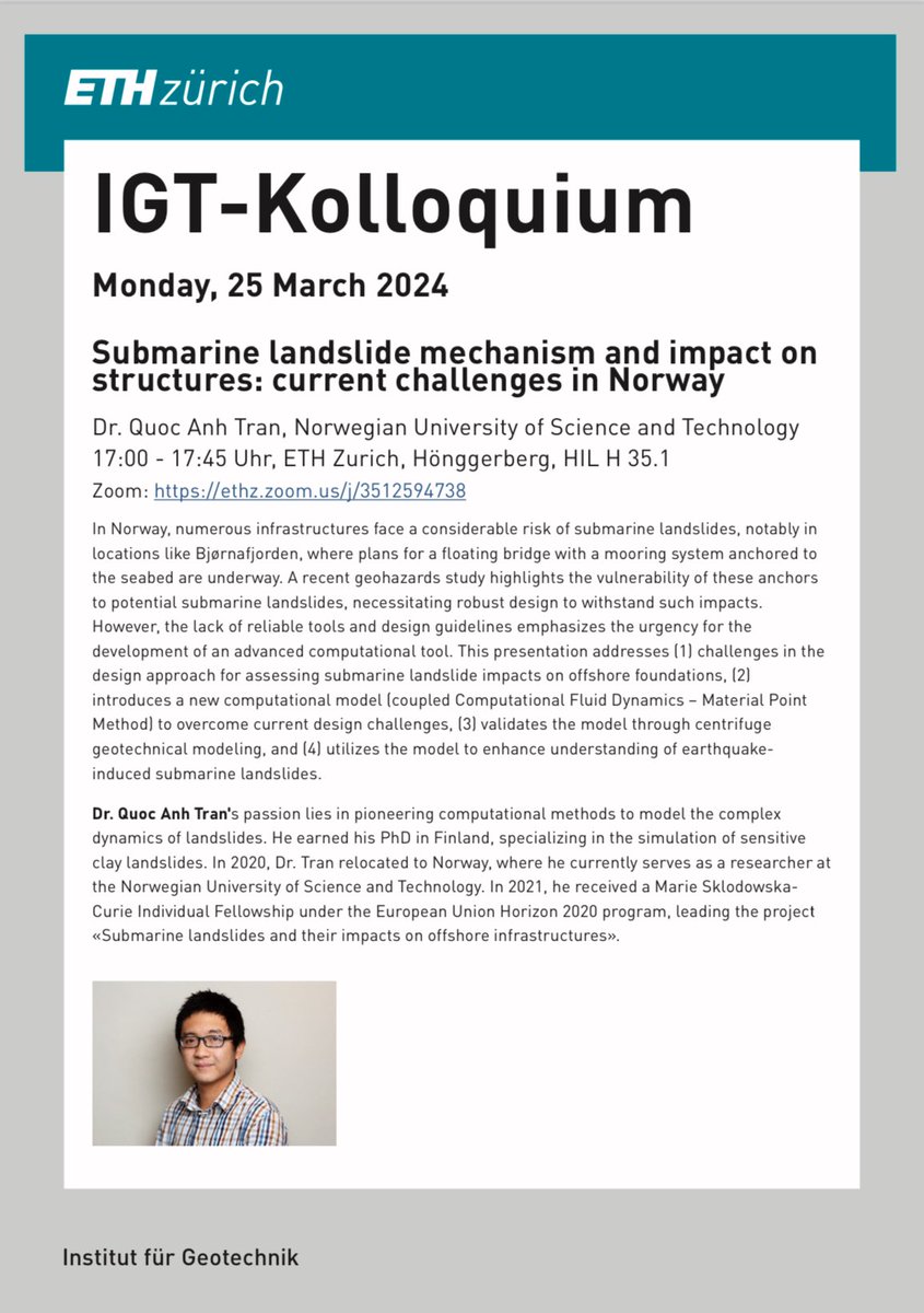 Next Monday, Dr. Quoc Anh Tran from <a href="/NTNU/">NTNU</a> will present his work on #submarine #landslides modeling using #CFD-#MPM during the IGT-Kolloquium. Room info and Zoom link provided below. 🙏 <a href="/QuocAnh78127773/">Quoc-Anh</a> for the visit and 👀 fwd to collaborating!
<a href="/ETH/">ETH Zürich</a> @SLFDavos @WSL_research