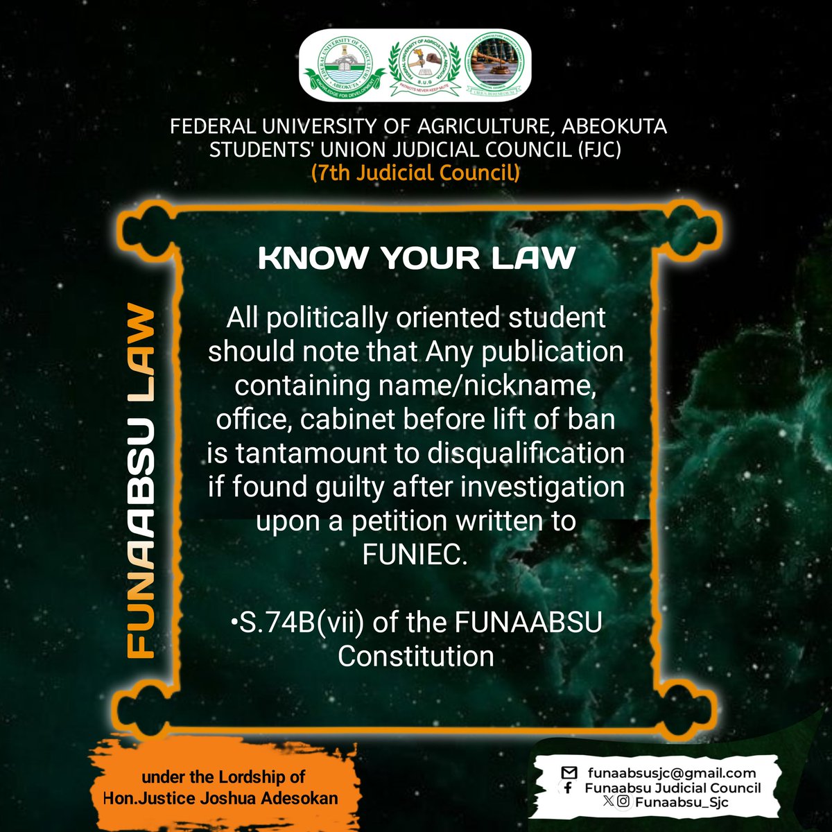 funaab_sjc's tweet image. It's important to respect the rules and wait until the campaign ban is lifted.  Don't let your campaign dreams get in the way of your academic success!

#BeWise
#LegalClarity
#Know_the_law
#7thFJC
#FUNAABSU23/24
#FUNAABSUG
#TeamUbuntu