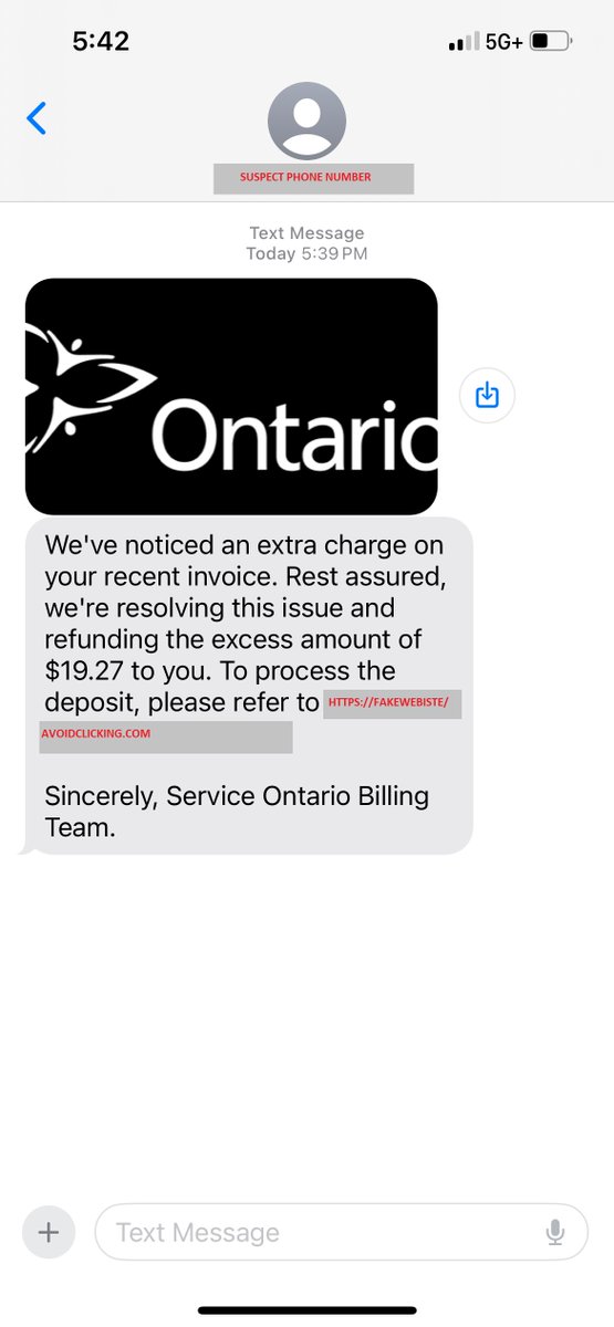 🚨ALERT! We’re receiving reports of a phishing text message claiming to be Service Ontario offering a payment. Fraudsters have the ability to make phishing text messages look official. Don’t get fooled by the logo! More information: antifraudcentre-centreantifraude.ca/scams-fraudes/… #FPM2024 #BeScamSmart