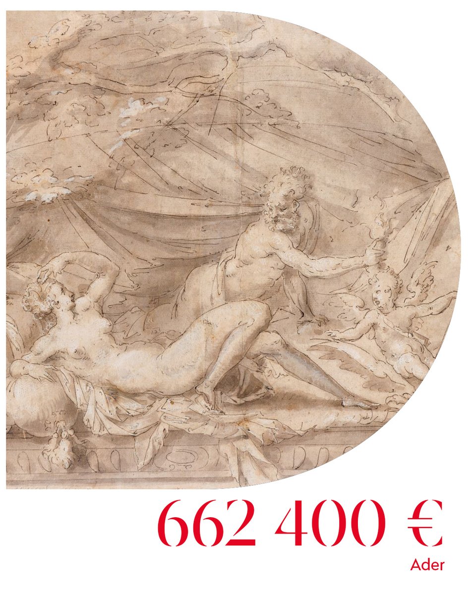 Figurant la scène tragique du dévoilement de la vraie nature de Jupiter à son amante Sémélé, ce dessin de Jean Cousin le Fils présenté chez @AderNordmann emporte une foudroyante enchère de 662 400 € à l'Hôtel Drouot⚡️👏