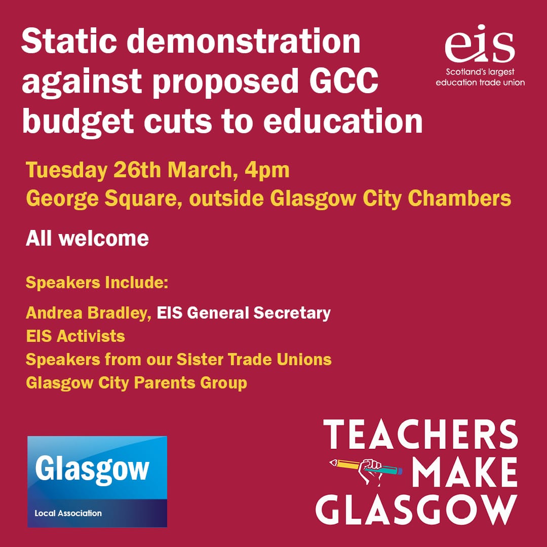 missbeattie1's tweet photo. We need everyone to rally the troops (pals, weans, dugs, mums, uncles, grannies) and come demonstrate against cuts to education. Glasgow's young people need your voice. @EISGlasgow #TeachersMakeGlasgow 📣🚫 https://t.co/3MVQovAupb
