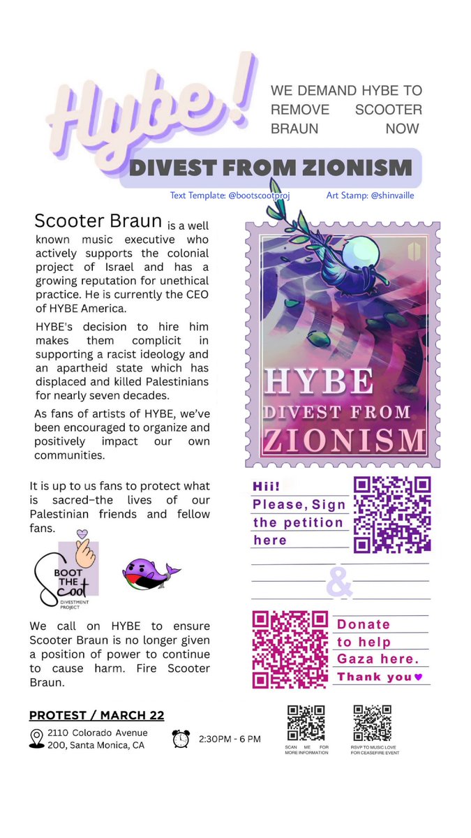 I resized the flyer template from @/bootscootproj to fit on Instagram story. Please feel free to use it to spread awareness!!  

#하이브는시오니스트를퇴출하라  #BootTheScoot