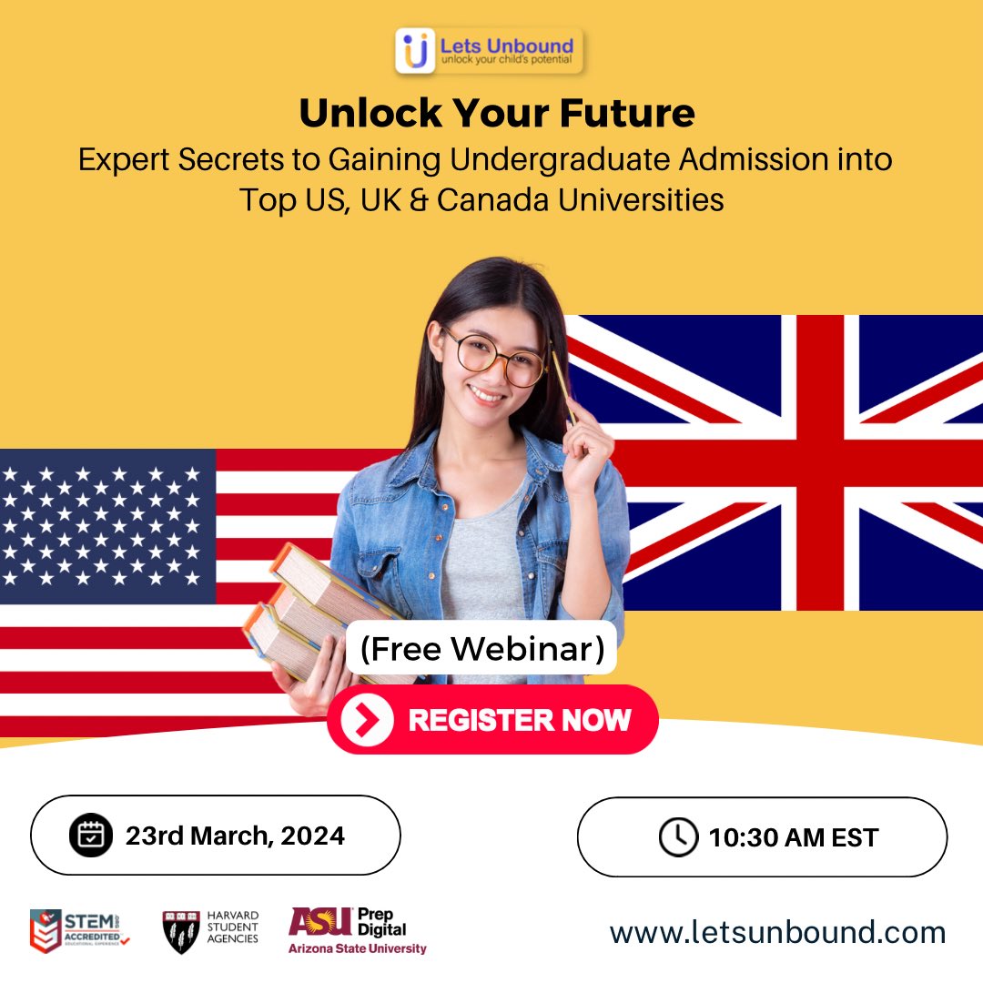 LetsUnbound's tweet photo. 🔓 Want to unlock your future for FREE? 🌟 

Join our exclusive webinar on March 23rd, 10:30 AM EST, and gain expert insights into top university admissions! 

Reserve your spot now: https://t.co/n1lvGivMKq 

#UnlockYourFuture #TopUniversities #Webinar #Admissions #DreamBig #Usa https://t.co/VIDc4LE8bV