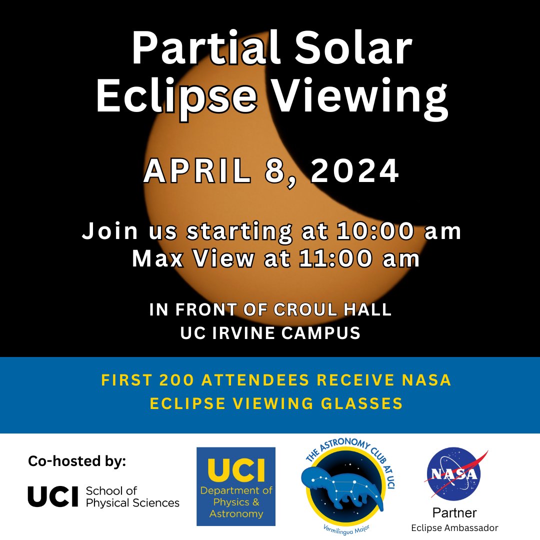 Join us in viewing the partial solar eclipse on April 8! We will meet outside around 10 in front of Croul Hall. The eclipse will cover about 50% of the sun by around 11am. **First 200 attendees will receive specialty NASA eclipse viewing glasses!**