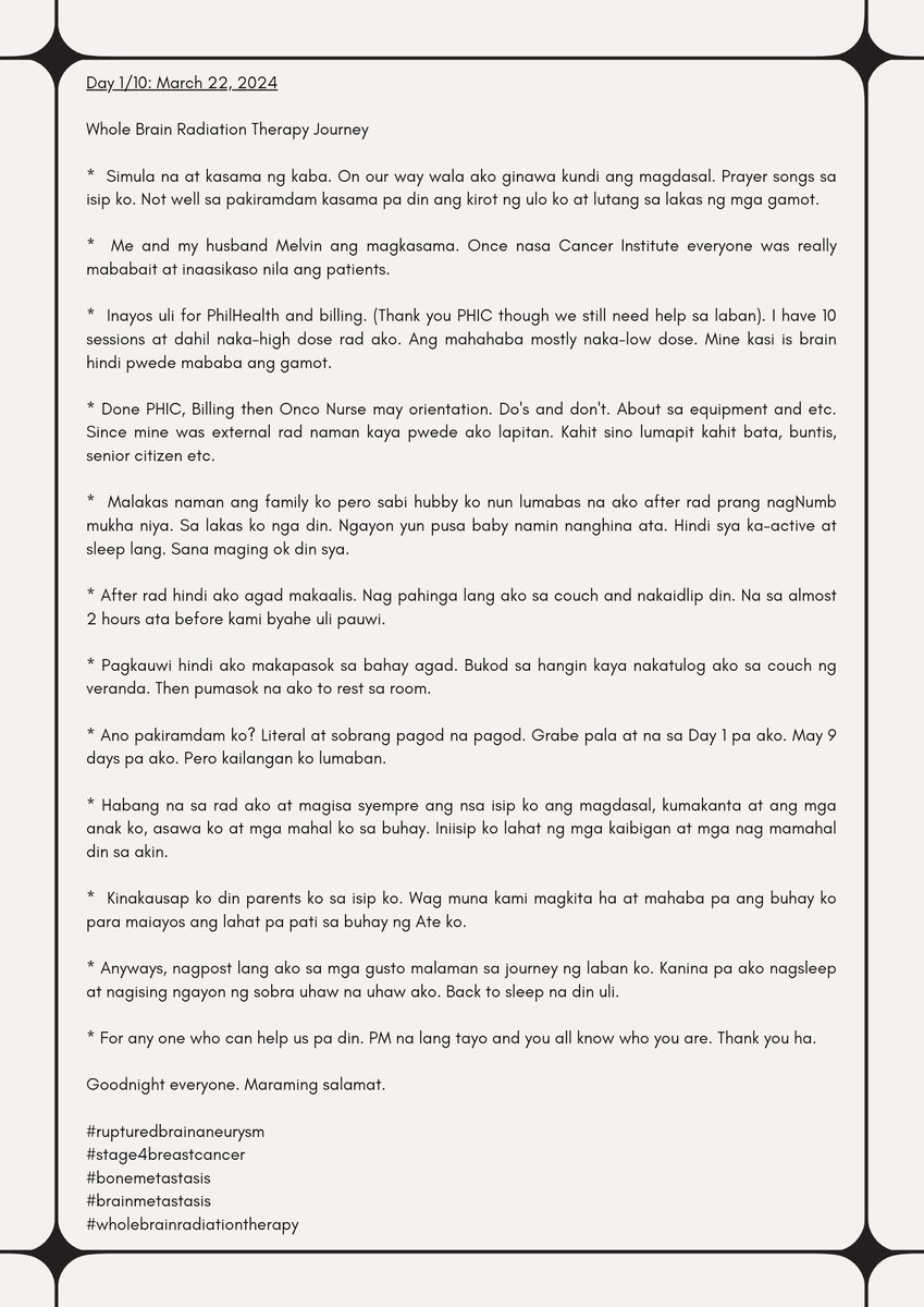 Day 1/10. My Whole Brain Radiation Therapy. Hope you can read this and have an inspiration. Laban! Su su na! 💪

#rupturedbrainaneurysm
#stage4breastcancer
#bonemetastasis
#brainmetastasis
#wholebrainradiationtherapy