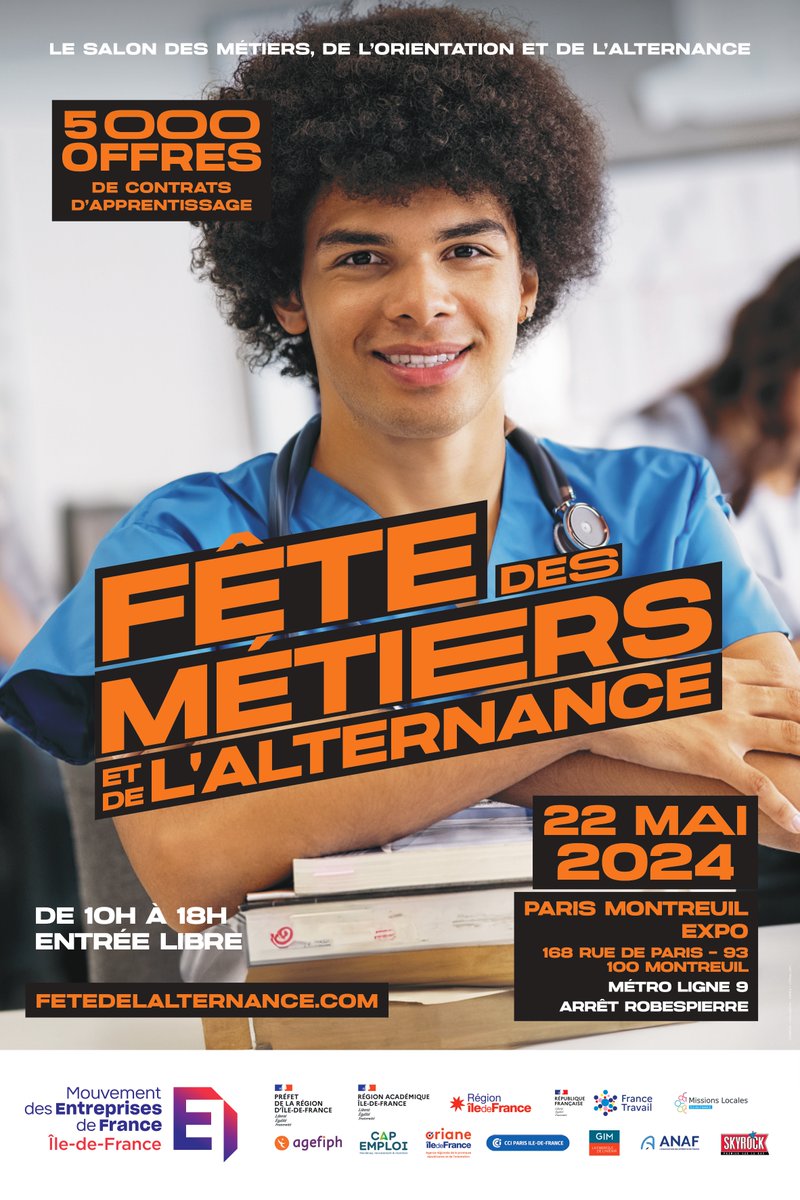 ⏳M-2 avant la #FêtedesMétiers et de l'#Alternance Le @Medef_IDF vous donne rdv le 22 mai pour une journée dédiée à l'#orientation et l'#emploi des #jeunes : #FetedesMetiers2024 🗓 Mercredi 22 mai 2024 ⏰ 10h-18h 🗼 #ParisMontreuilExpo 👉En savoir+ fetedelalternance.com