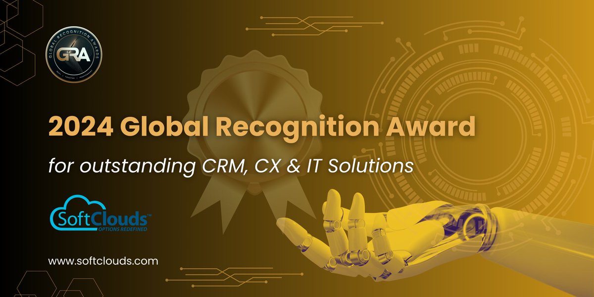 We are absolutely thrilled to announce that #SoftClouds has achieved international acclaim, proudly receiving the esteemed 2024 Global Recognition Award for our exceptional contributions to #CRM, #CX & #IT Solutions. #ProudMoment #SoftClouds #AwardWinner #CRMCX #IT #Technology